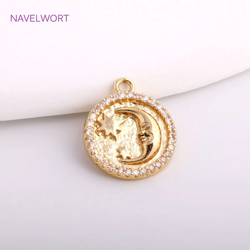 14K Gold Plated Engraved Moon Star Round Earring Pendants For Jewelry Making,Inlaid Zircon Round Pendants Wholesale