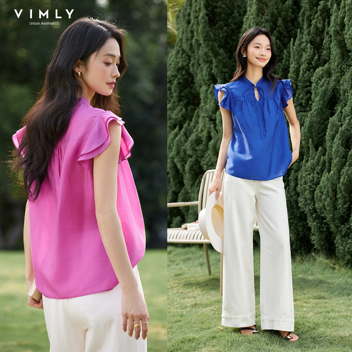 

VIMLY Women's Simple Casual Lapel T-Shirt 2026Summer Elegant Layered Ruffle Sleeve V-Neck with Lace-up Straight Office Pullover