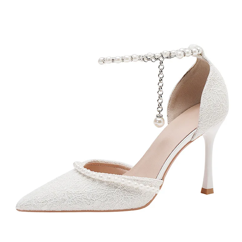 2026 New Shoes Women's Sandals with A Thin Heel and Pointed Toe A Straight Cut Lace Surface White Pearl Bridal Shoes Women