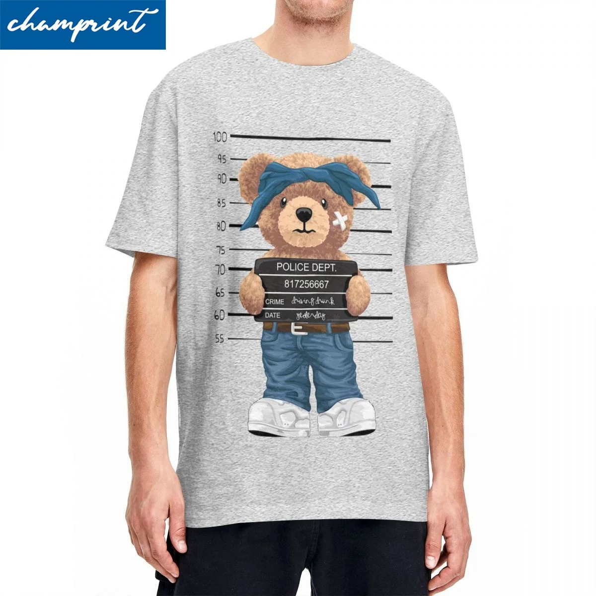 Printed Mugshot Teddy Bear Tshirt Men Crewneck Short Sleeve Top Tee 100%Cotton Summer Clothes