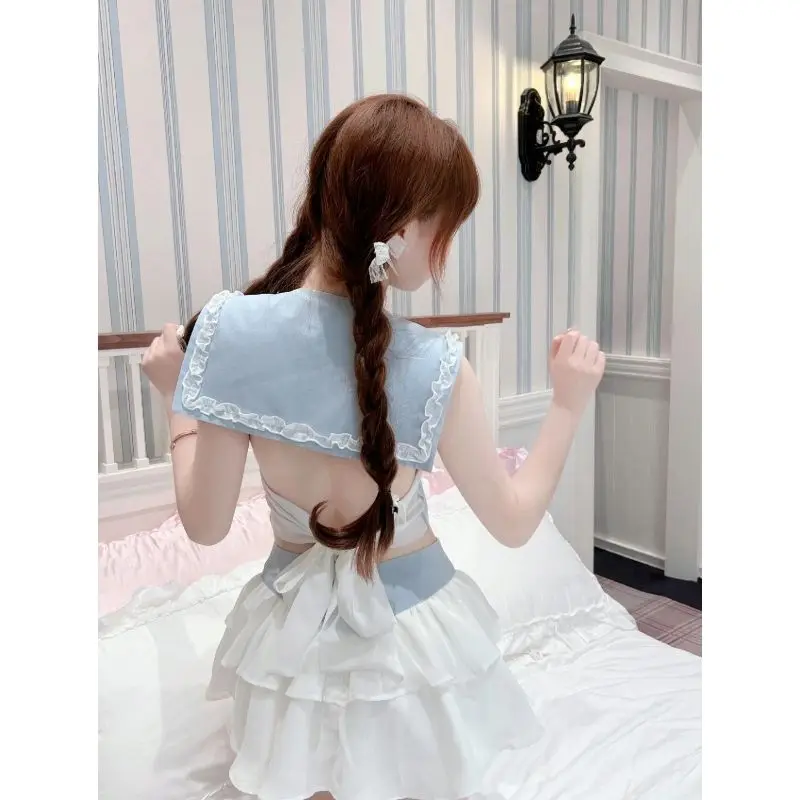 

Women Sweet Two-Piece Set Sailor Collar Crop Top Layered Ruffle Mini Skirt Cute Backless Bow Outfit for Summer Party Vacation