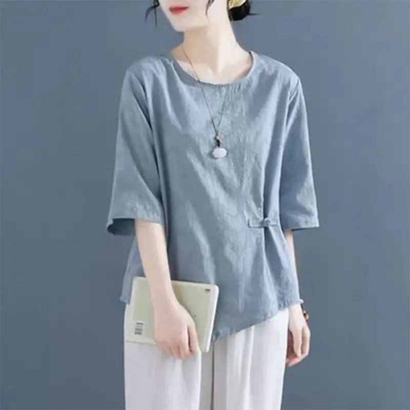 Women Summer Simplicity Loose Large Size Appear Thin Irregular Cotton and Linen T-Shirt Ladies Casual O-neck Short Sleeve Tops