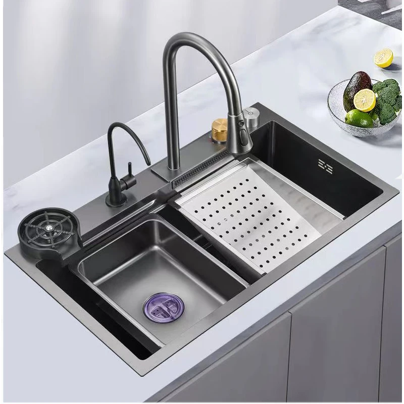 Factory Direct 2026 Full Whole Set Waterfall Kitchen Sink 304 Stainless Steel Big Single Bowl Dish Rack Mount Brushed Grey