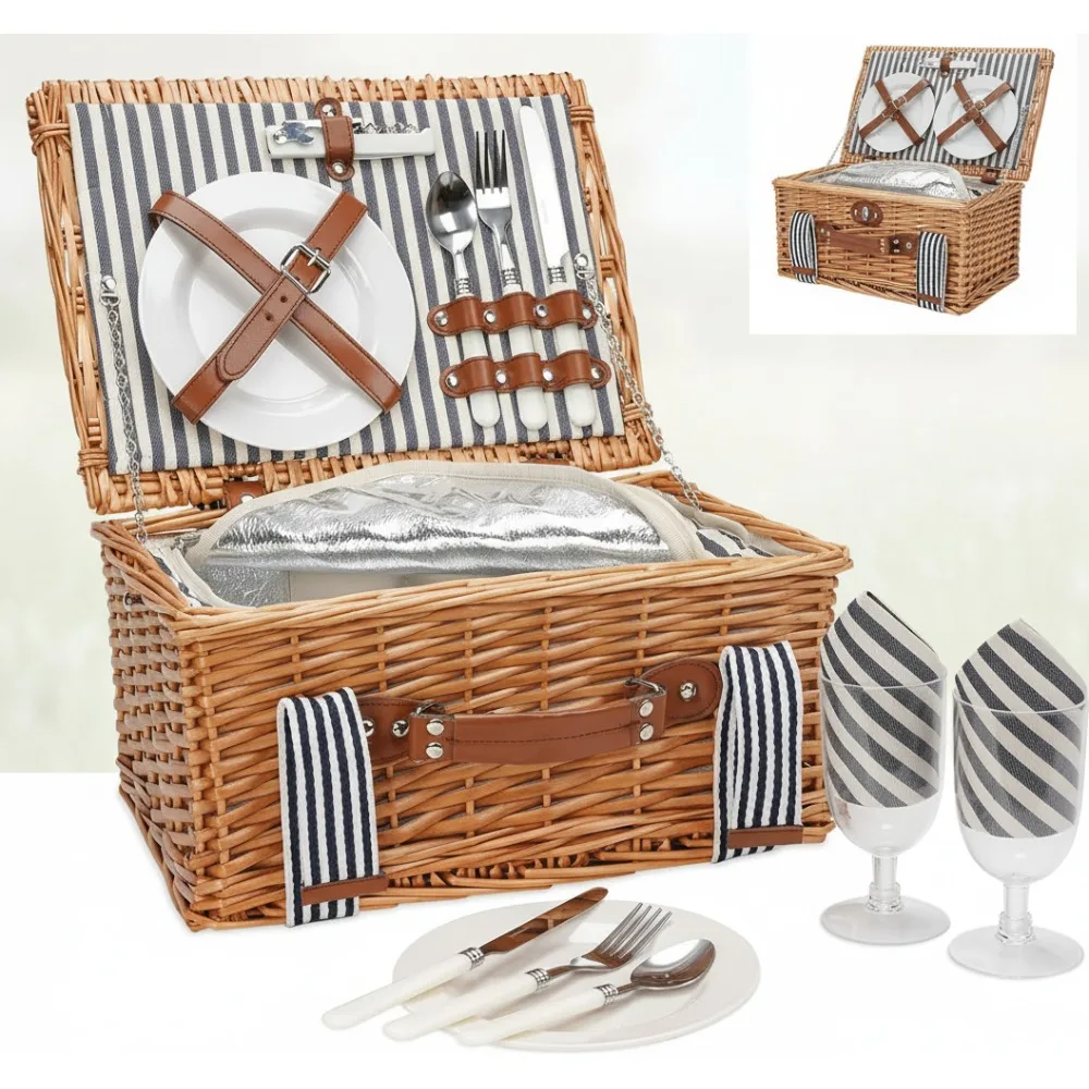 Cesta de picnic de mimbre hecha a mano para parejas con refrigerador aislado y juego de cubiertos, regalo al aire libre para el día de San Valentín