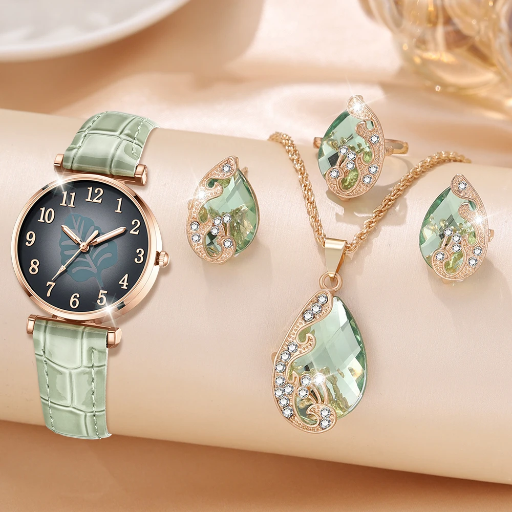 5PCS New Green Jewelry Women\'s Ring Necklace Earring Bracelet Set Simple Casual Style Arabic Digital Dial Quartz Watch Set