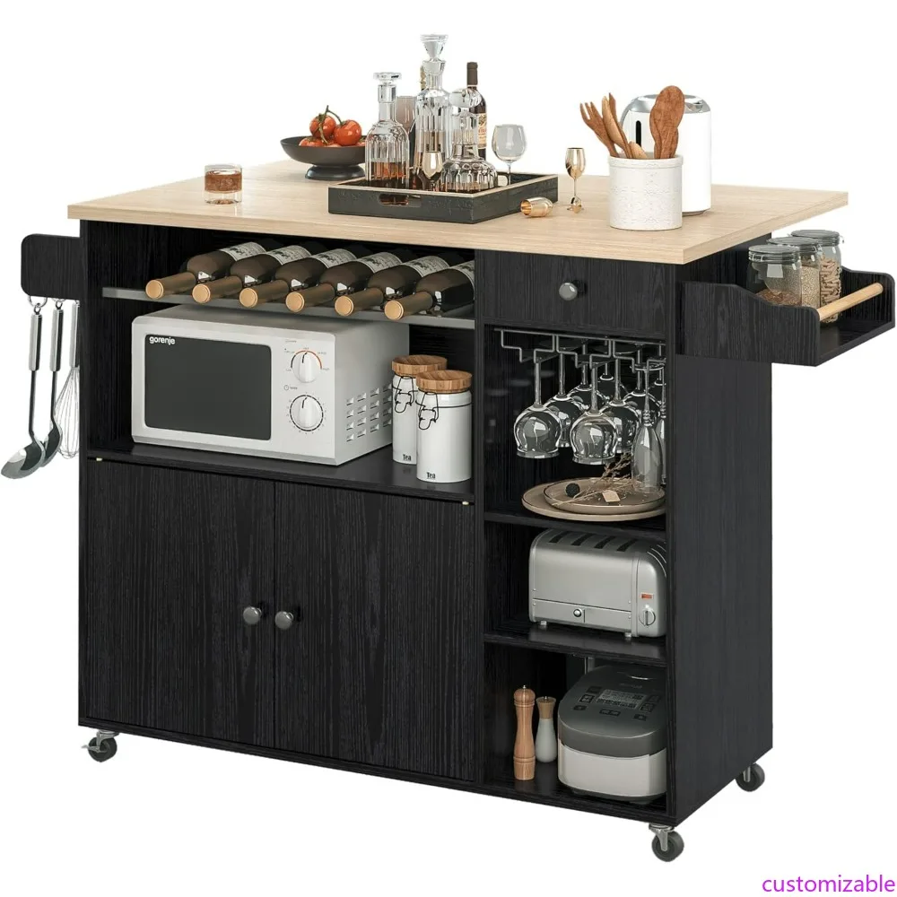 

Тележка на колесиках для кухонного острова с выдвижным листом, полкой для вина и полкой для микроволновой печи, мобильной сервировочной тележкой с выдвижным ящиком и полками