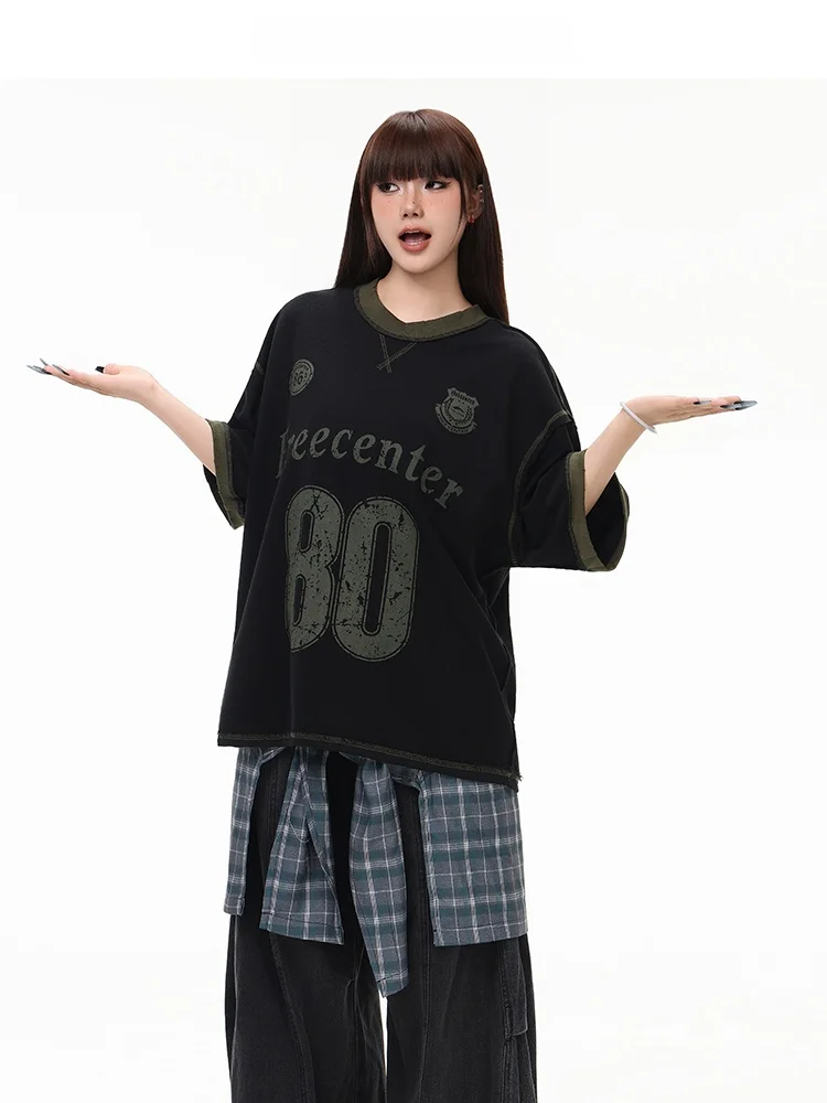 

Free Center Unisex Vintage Worn-look Short Sleeve T-shirt Loose Fit Street Style Cotton round Neck Printed Top for Summer