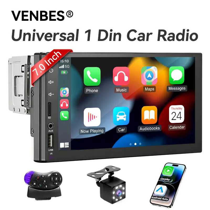 

Автомобильный радиоприемник VENBES Carplay Android Auto 1 DIN 7-дюймовый Mirrorlink BT 5,0 FM Мультимедийный MP5-плеер CVBS Cam