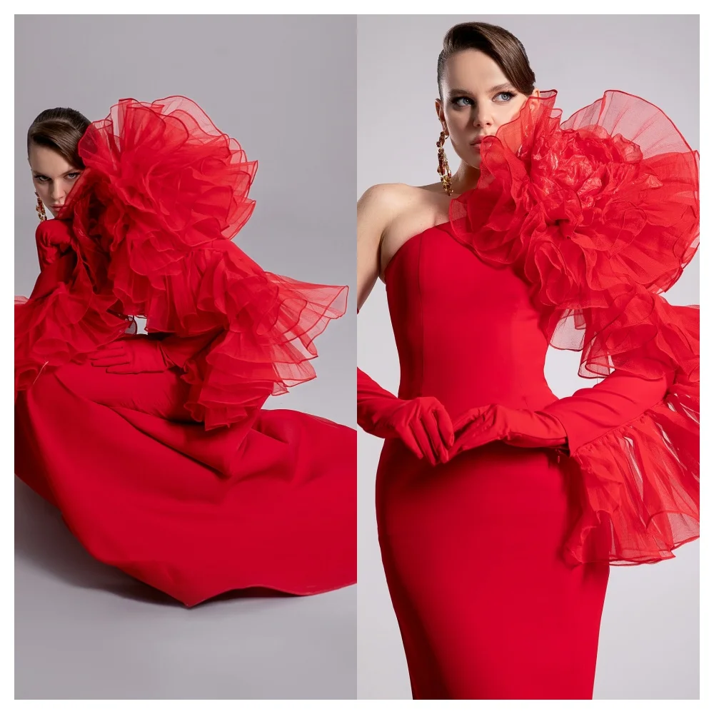 تخصيص حورية البحر حساسة الأحمر جيرسي مساء اللباس رائعة حمالة طويلة الأكمام حزب اللباس أزياء مستقيم Pr #3