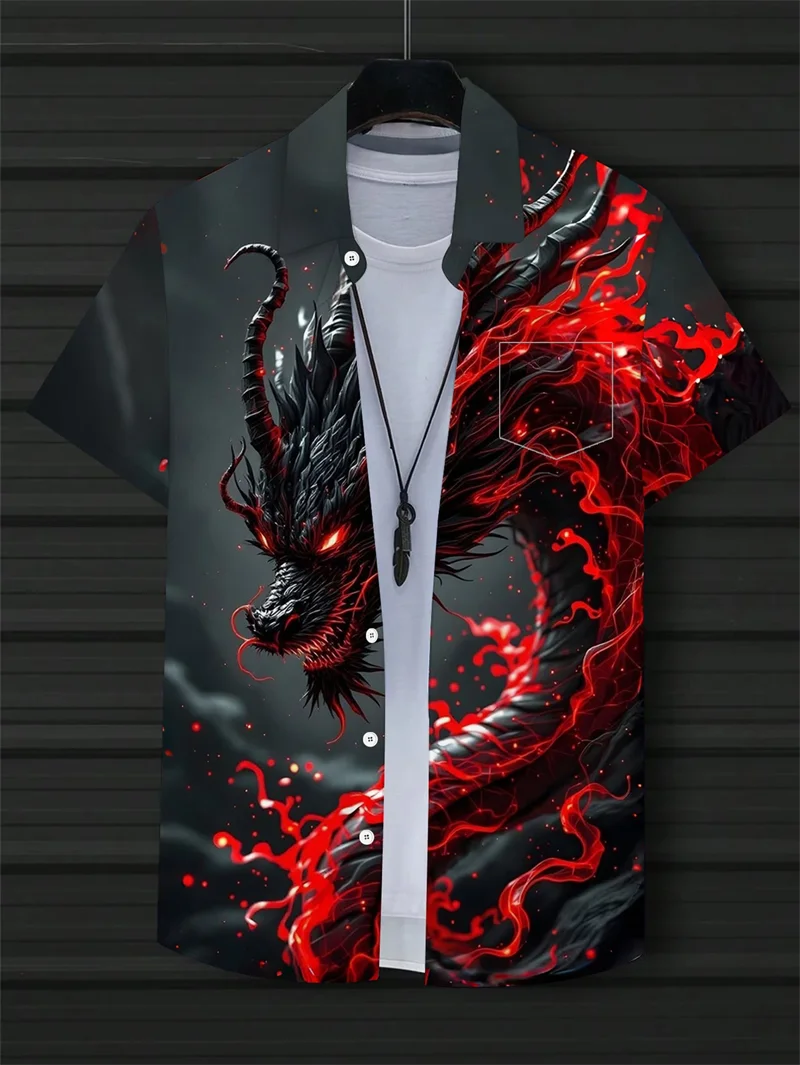 

Red Flame Dragon Hawaiian Shirt Men Mythical Asian Dragon Print Short Sleeve Tee Casual Summer Streetwear Man Luxury Clothing