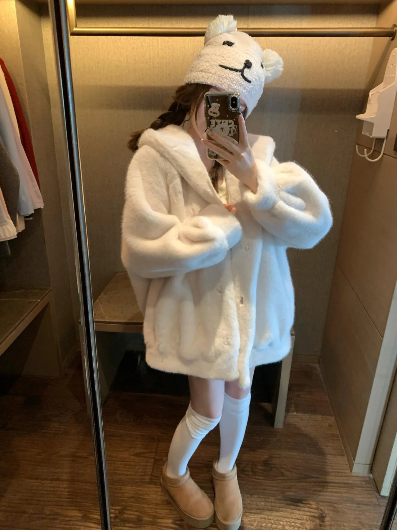 Morbido e soffice vestibilità ampia con cappuccio dimagrante caldo pelliccia sintetica azzurro anti-età cappello ecologico Jaet cappotto invernale