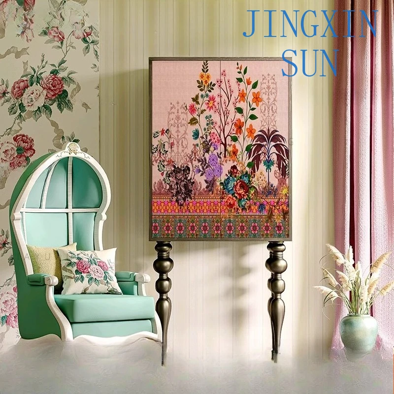 French Cream Style Flower Solid Wood Tall Cabinet for Living Room Dining Room Bedroom Wall Locker Bedside Storage Cabinet