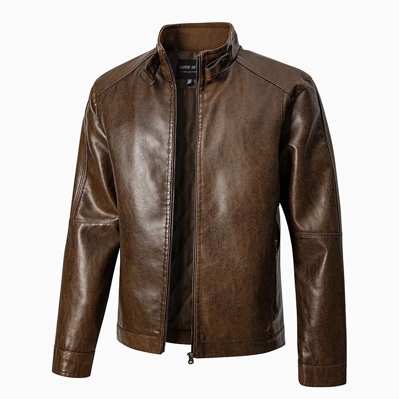 2026 Fashionable new men's stand-up collar cotton warm and slimming leather jacket, circulating heat storage and keeping warm