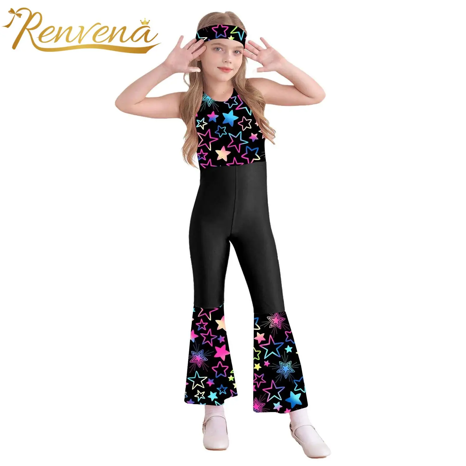 

Kids Girls 70s Disco Sleeveless Bodysuit High Waist Bell Bottom Jumpsuit with Headband Party Cosplay Costume Hippie Costume