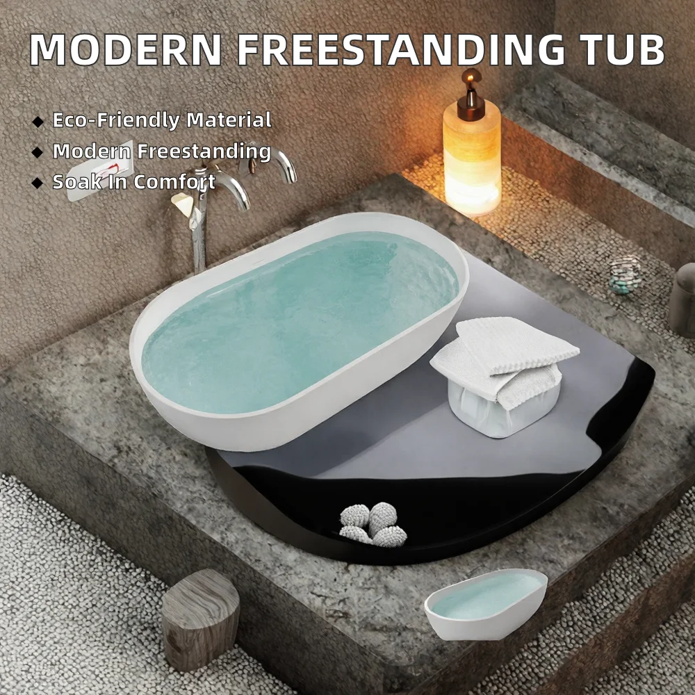 GeMei Modern Freestanding Resin Solid Surface Bathtub Eco-Friendly Clear Hot Spa Drainer Center Drain Soaking Function Bathroom