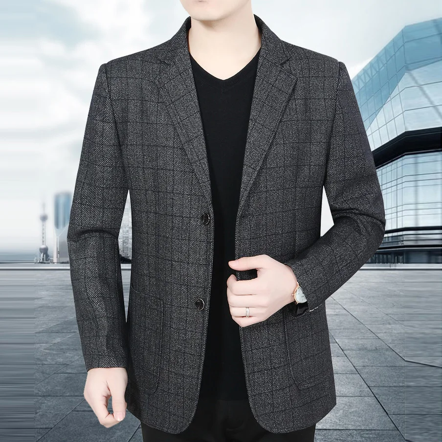 Męski płaszcz jesienny w stylu vintage, w kratę, nie wymaga prasowania, z kołnierzykiem, odzież wierzchnia męska, jednorzędowa, długi rękaw, kieszeń, marynarka męska.