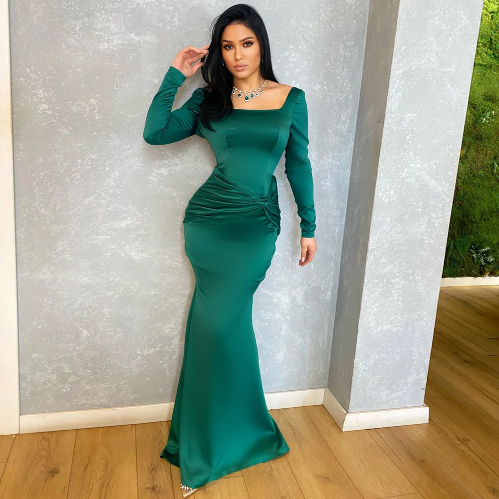 

Emerald Green Prom Dress Satin Square Neck Mermaid Prom Gown for Women Long Sleeves Pleat Simple Formal Party Dresses 2022