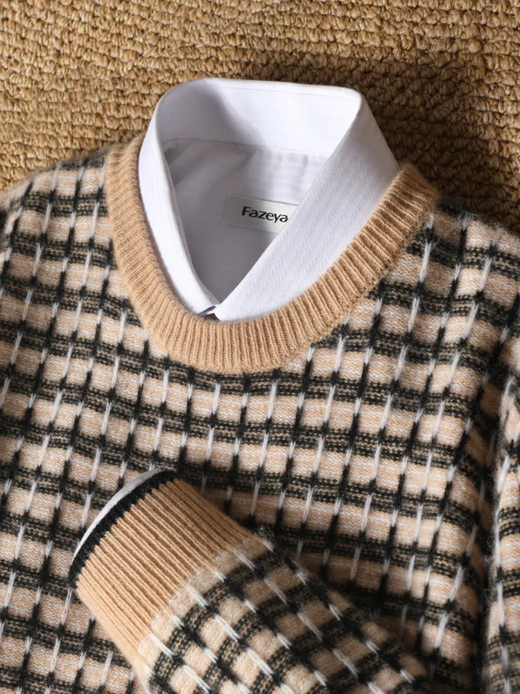 Men's 100%Merino Wool Sweater Autumn Winter O-Neck Knitted Pullover Plaid Color Contrast Thicken Clothing Warm Loose Wool Jacket