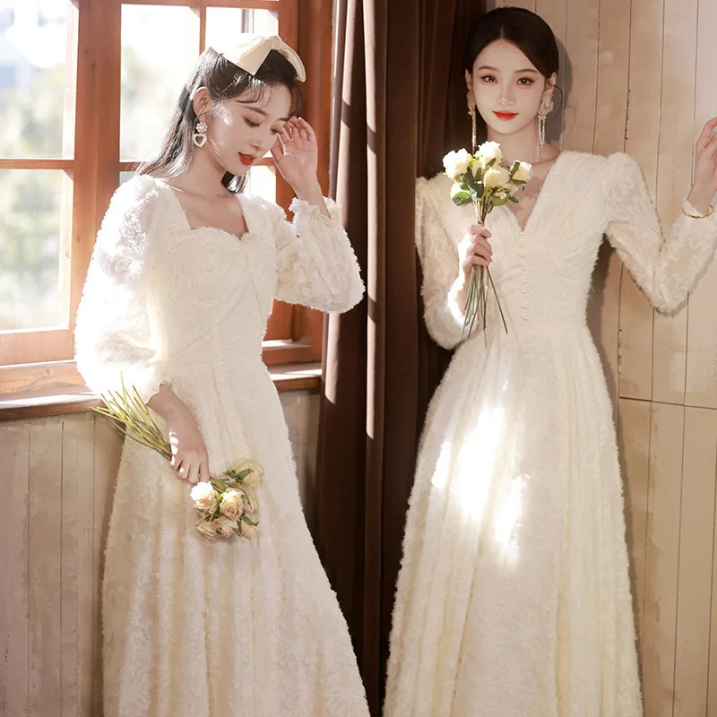

Champagne Color Maids Dr Long Sve Wedding Gown Spring New Sle High-End Feeling Sister up Ceremony Dr Skirt