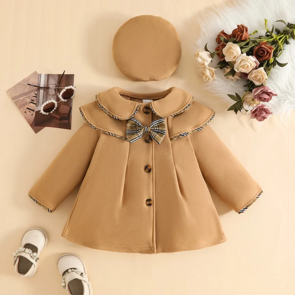 Girls Autumn Winter 2‑Piece Outfit, Lapel Multi‑Layer Design Coat with Beret Hat Set, Bow Decor Sweet Cute Kids Clothing