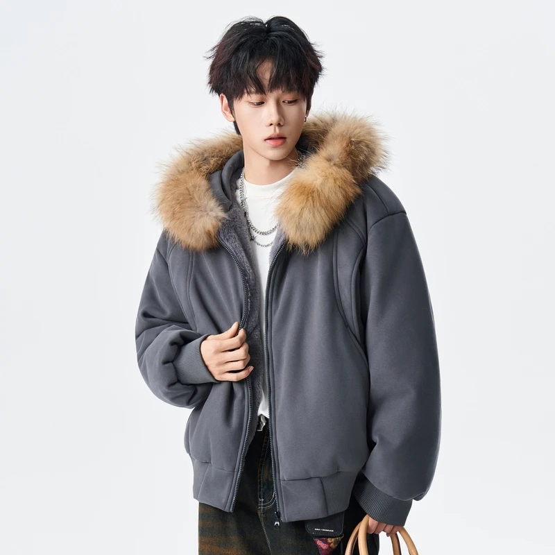 

New Men's down Jaet Hooded Fce Lined Oversized Fur Collar Retro Sle ort ape Loose Couple Outerwear Urban Casual