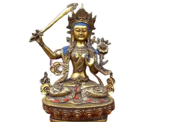 

21CM 9" Tibet Temple Copper Bronze Gild Manjusri Kwan-Yin Guan Yin Bodhisattva Statue