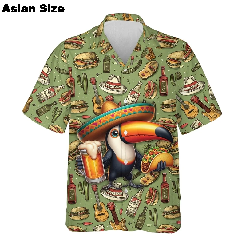 Funny Sombrero Hawaiian Shirts For Men Clothing Mexico Chicken Roll  Beach Shirt Taco Animals Lapel Blouse 2025 Unisex Blouses