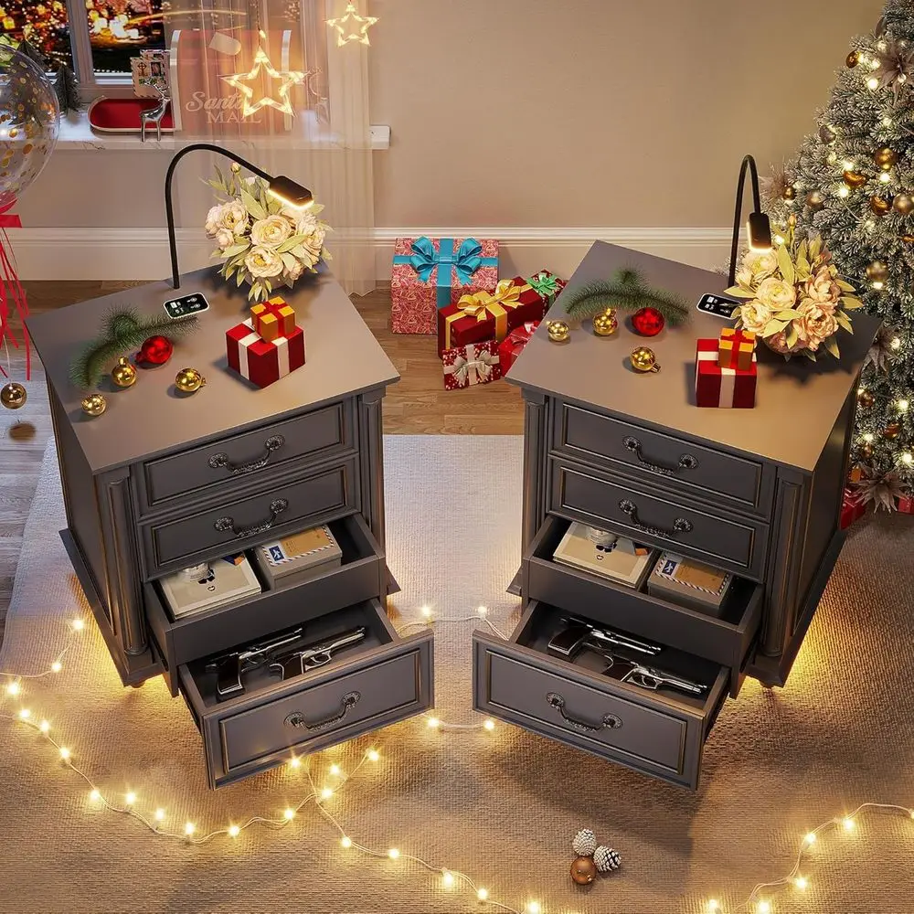 Grey Smart Bedside Table with LED Light, Human Sensor, and 3 Storage Drawers