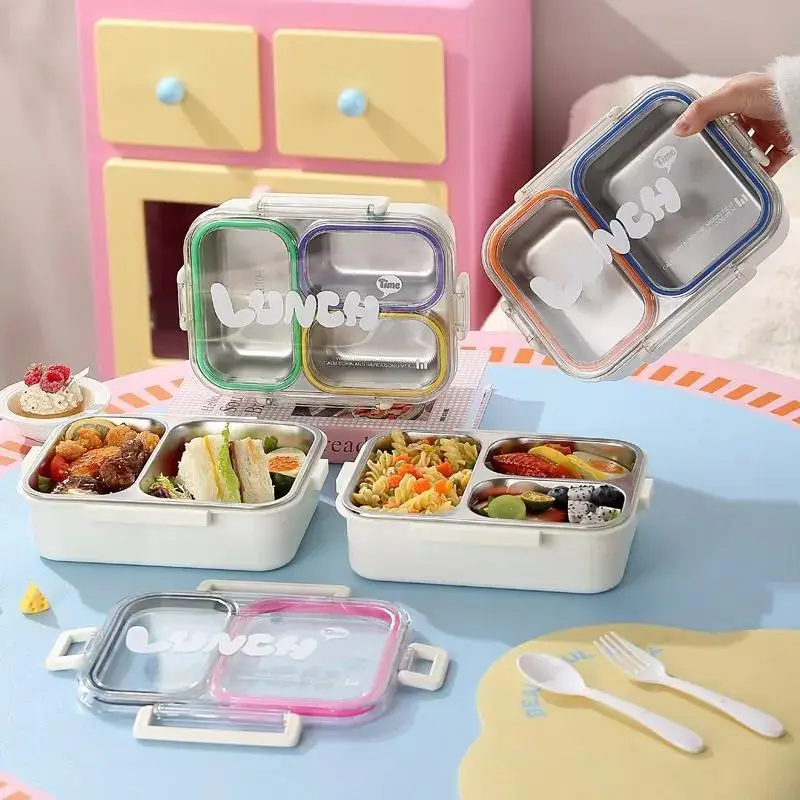 304 Stainless Steel Leak Proof Lunch Box 720ml 3 Compartments with Cutlery for Office School Picnic Travel Use