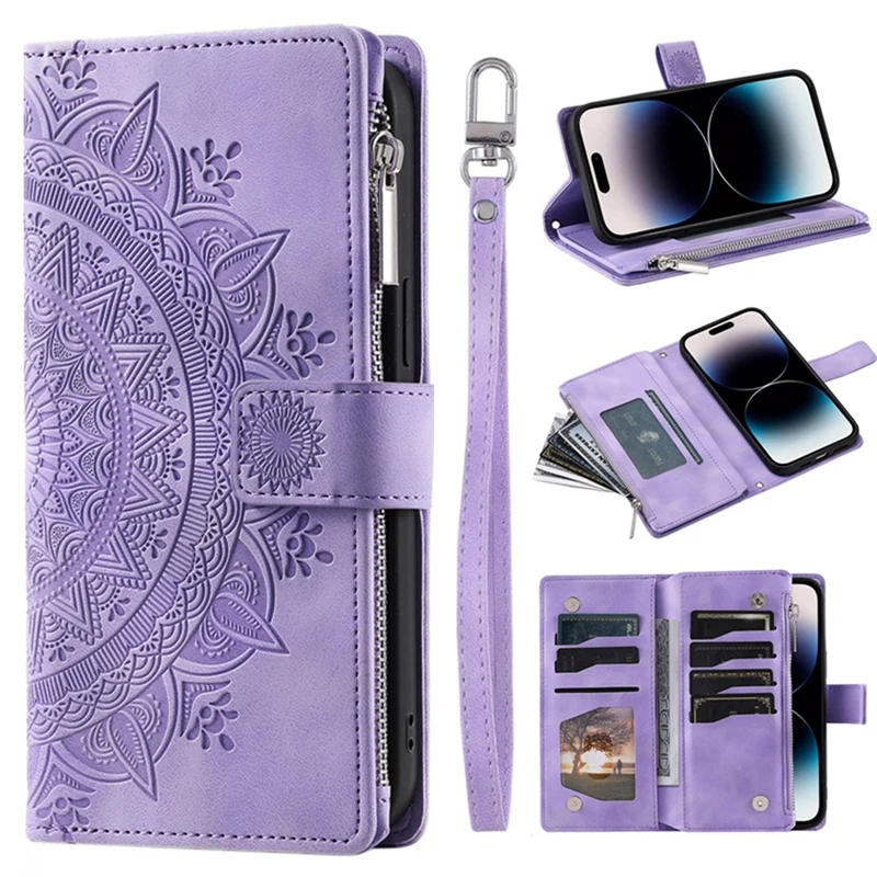 Étui portefeuille à fermeture éclair pour iPhone 17 14 15 16 Pro Max 16E 13 12 11 Pro XR XS 7 8 Plus SE, sac de téléphone en cuir PU gaufré avec fente pour carte