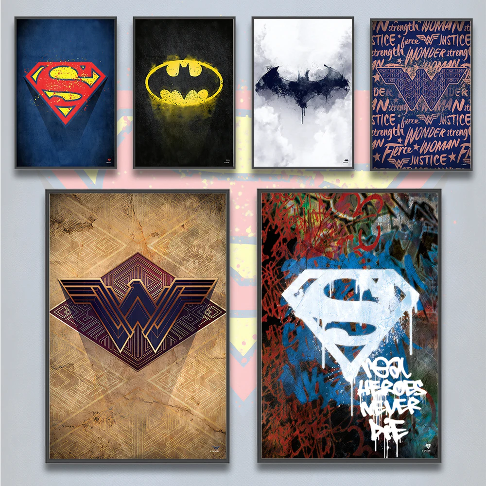 DC Superheld Logo selbst klebende Poster Filmfiguren Home Decoration Malerei Wand kunst Schlafzimmer Superman Dekor Batman Tapete