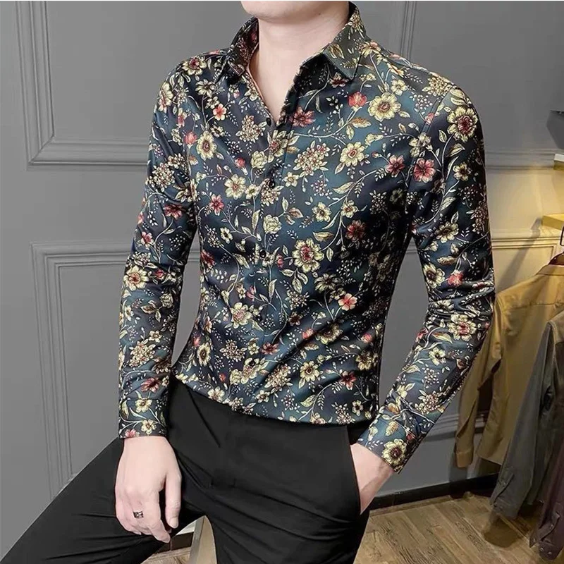 Summer Handsome Retro Loose Casual England Style Men\'s Shirt Irregular Print Polyester Button Lapels Long Sleeve Y2K Chic Tops