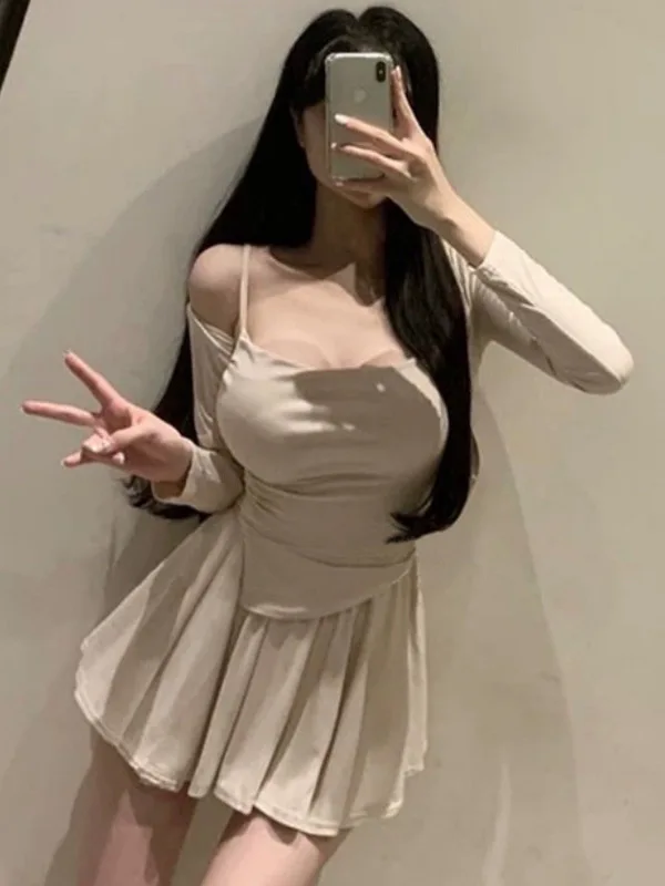 2024 Spring/autumn Korean Version Low Collar Irregular Sling Vest+long Sleeve Slim Cardigan+high Waist Pleated Skirt Set Q34B