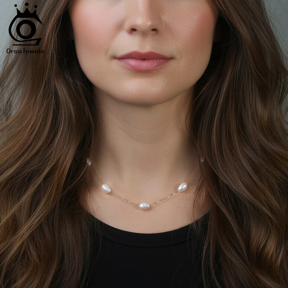 

ORSA JEWELS Natural Freshwater Pearl Simple Bead Necklace Clavicle Chain 925 Sterling Silver for Women Temperament Jewelry GPN97