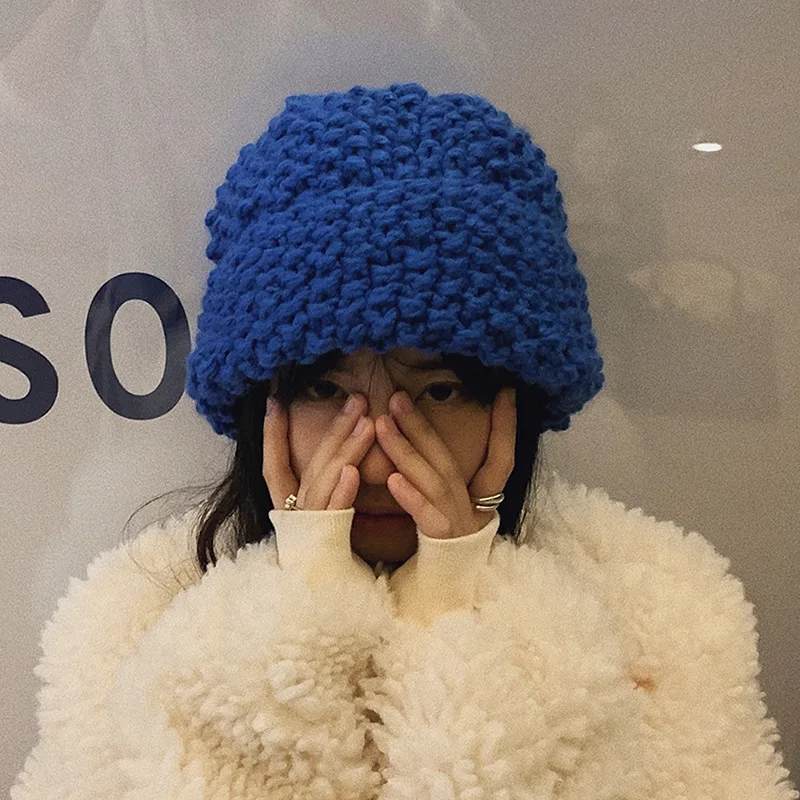 Coarse Knitted Pineapple Pattern Woolen CapinsWinter All-Matching Big Circumference Klein Blue Hat Female Trendy and Small