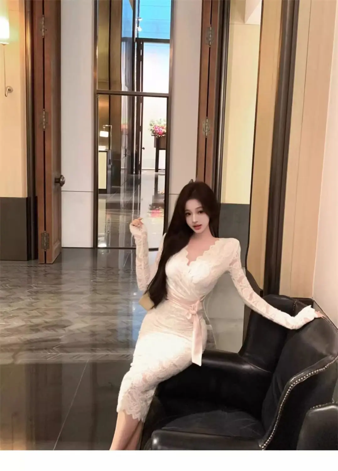 Licht en volwassen temperament Kant V-hals Jurk met lange mouwen Dames Nieuwe stijl Bandjes met binnenkant om de billen te bedekken