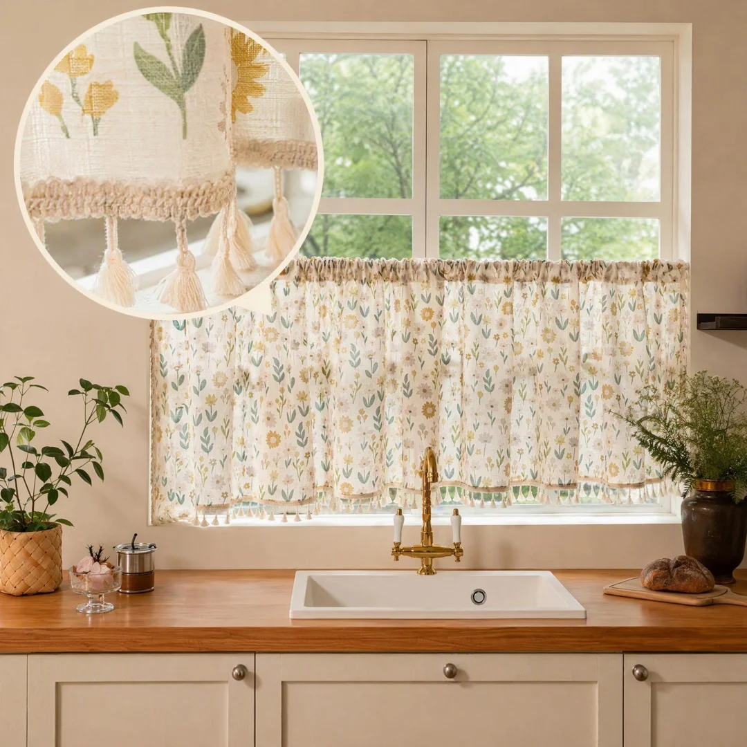 Boho Floral Kitchen Curtain,Short Cafe Curtain with Tassel,Small Window Half Curtain for Bathroom Cabinet Home Decor