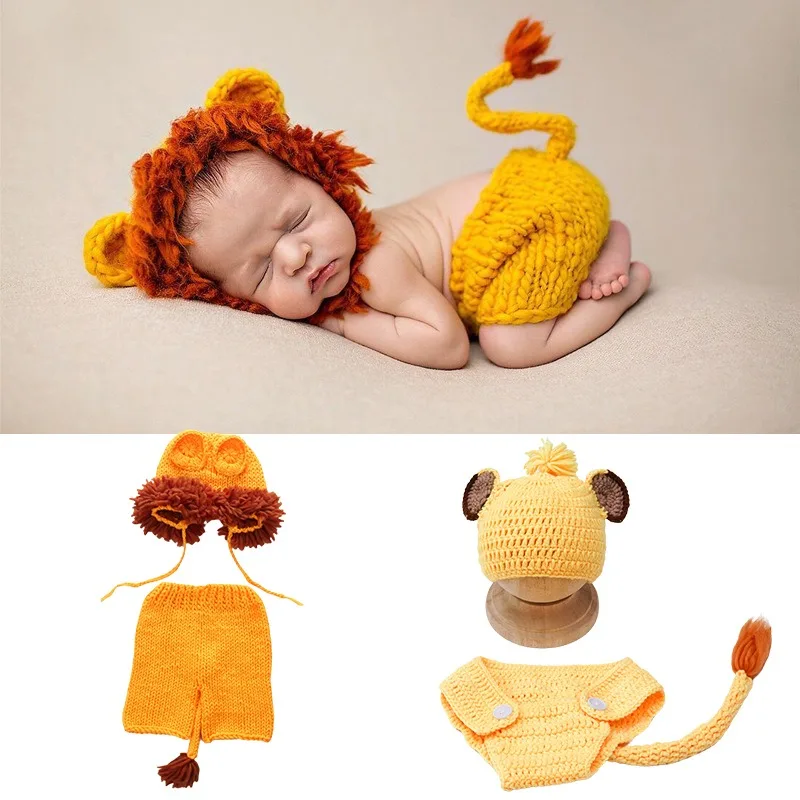 

Photography Clothing Newborn Simba Lion Hat and Pants Props Soft Knitted Wool Weaving Costume Sets Baby Photoshoot Accessories