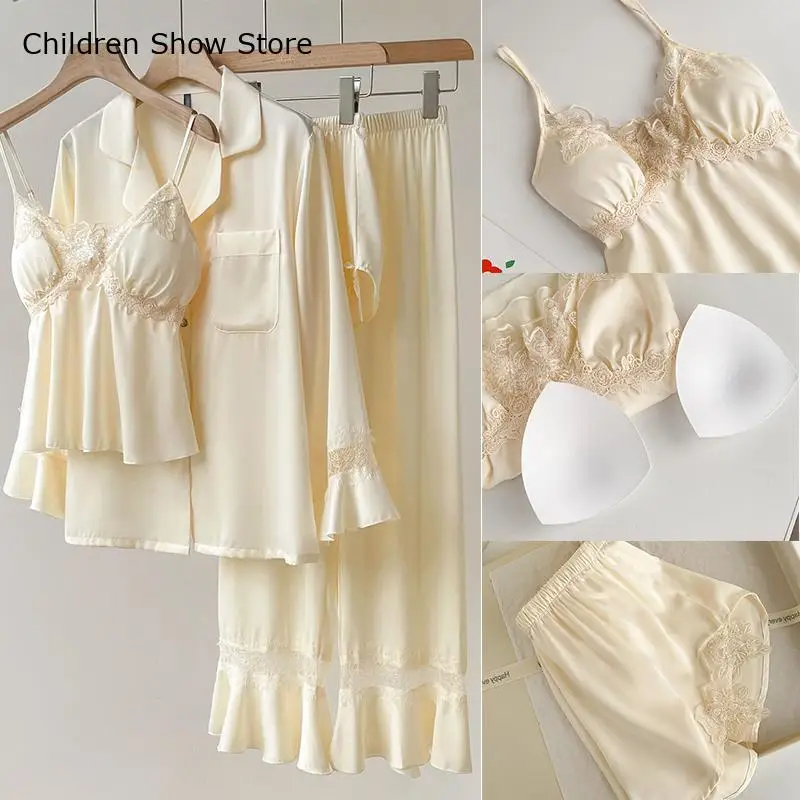 Sexy Lace Embroider Nightwear Home Clothes Light Yellow Pajamas Suit Women Sweet Satin Shirt&pants Princess Style Pcs Sleepwear