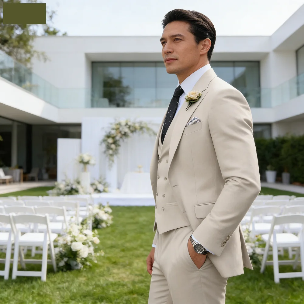 

Новый бежевый деловой костюм-тройка для мужчин: уникальный однобортный пиджак, жилет и брюки для свадьбы, торжественных мероприятий и деловых встреч
