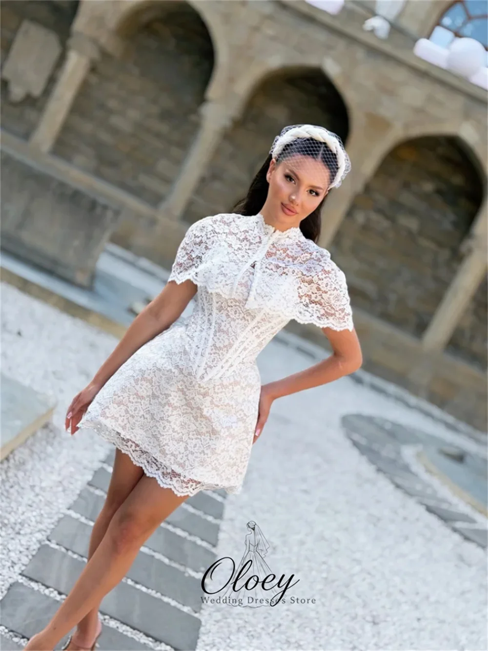 OLOEY Modern Lace High Neck A-Line Wedding Dresses For Woman Cape Sleeve Mini Bridal Gown Wedding Party Dress Customized