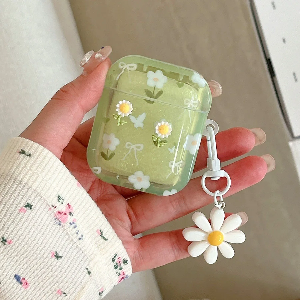 3D Green Sunflower Fresh Flower Bowknot Earphone Case Cover For AirPods 1 2 3 4 New Air Pods Pro 2nd 4th Shell with Pendant