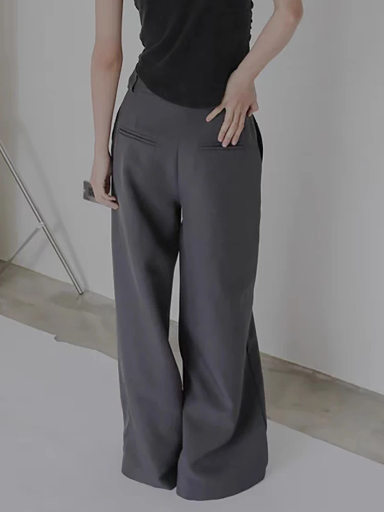 PBAP خمر مطوي رمادي دعوى السراويل النساء الصلبة لصق جيوب عالية الخصر ثنيات واسعة الساق السراويل الطويلة الصيف ملابس كاجوال #3