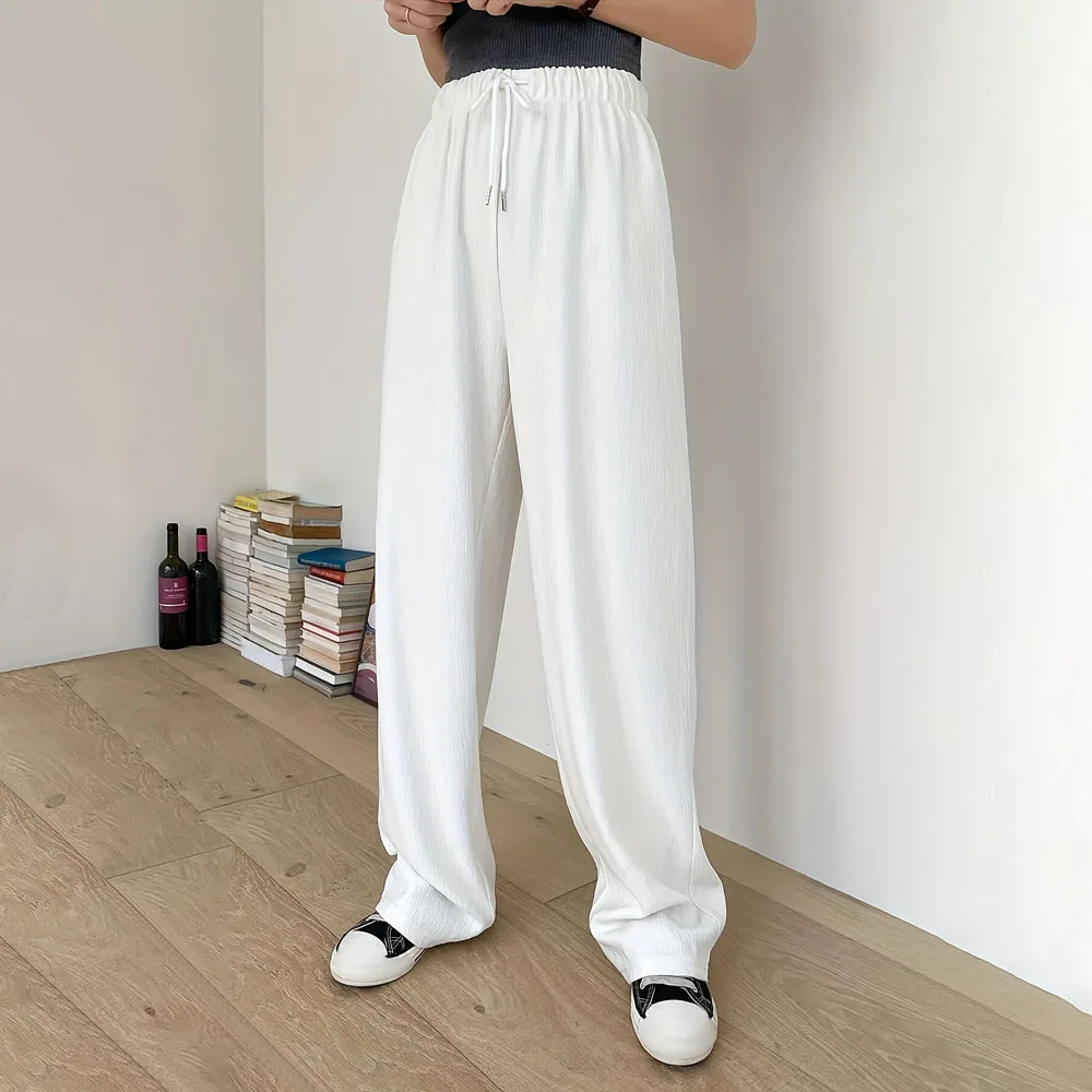 Fashion Women's Solid Color Long Pants Drawstring Design White Wide Leg Trousers Joggers Loose Fit Casual Streetwear Pant