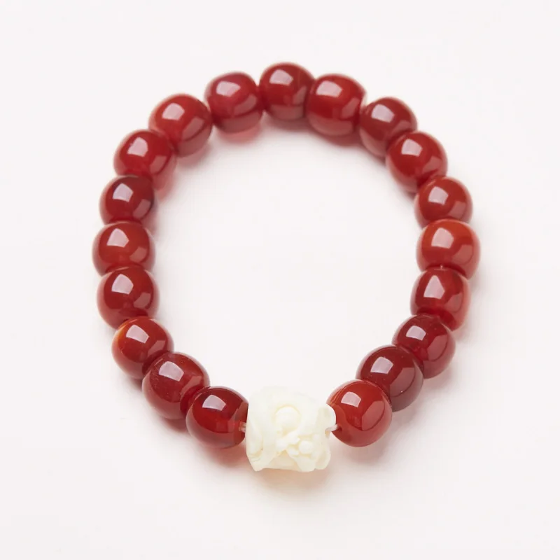 Natural Red Agate Bracelet for Women with Ivory Nut Lion Head Elegant Buddhist Beaded Hand Jewelry Gifts