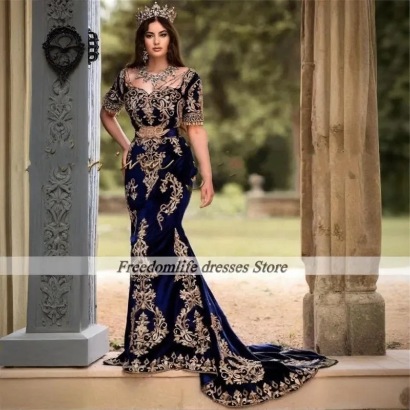 

Formal Navy Blue Mermaid Evening Dresses Velvet Lace Applique Kaftan Wedding Party Gowns 2025 robe de soirée Customized
