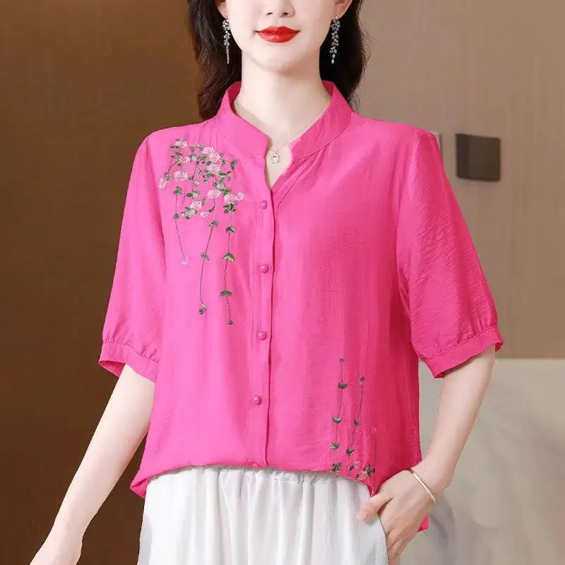 Simplicity Office Lady Summer Women\'s Stand Collar Embroidered Single Breasted Fashion Casual Loose Short Sleeve Shirts Tops