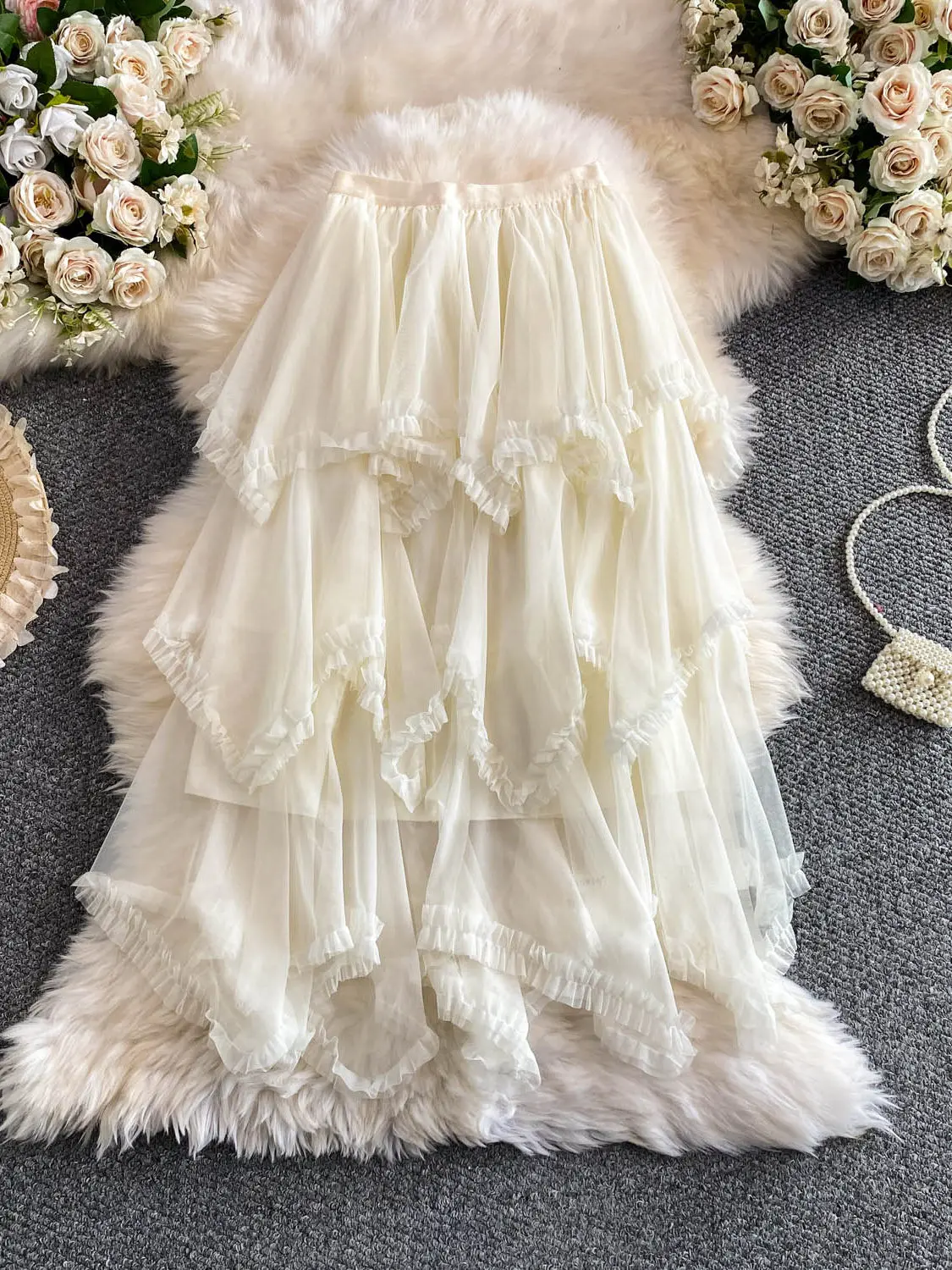 Women's Apricot Mesh Midi Skirt Vintage Y2K Gyaru A-Line Skirt Fashion Korean Style Elegant Ruffled Long Skirt for Women Summer