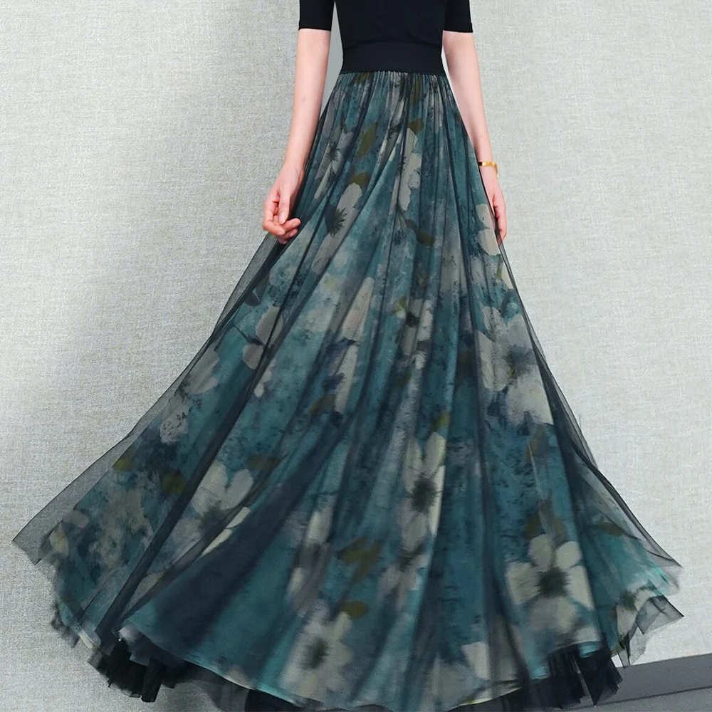 2025 Elegant Retro Printed Pattern Mesh A-line Women's Long Skirt Women's female Maxi skirts