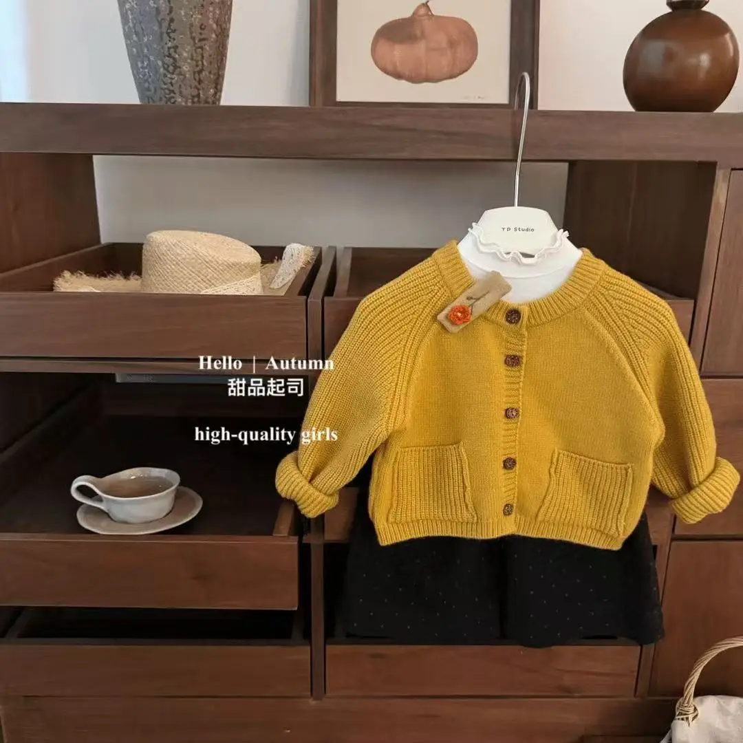 

Girls' Autumn Set Fashion 2025 New Children's Yellow Knitted Cardigan Sweater+Loose Pants Two-piece Set